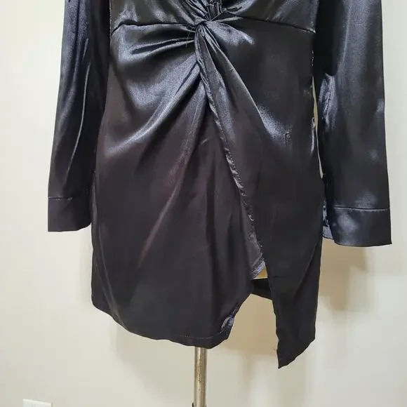 Satin Black Faux Wrap Front Plunge Mini Dress V Neck Twist Size Medium - Picture 5 of 8